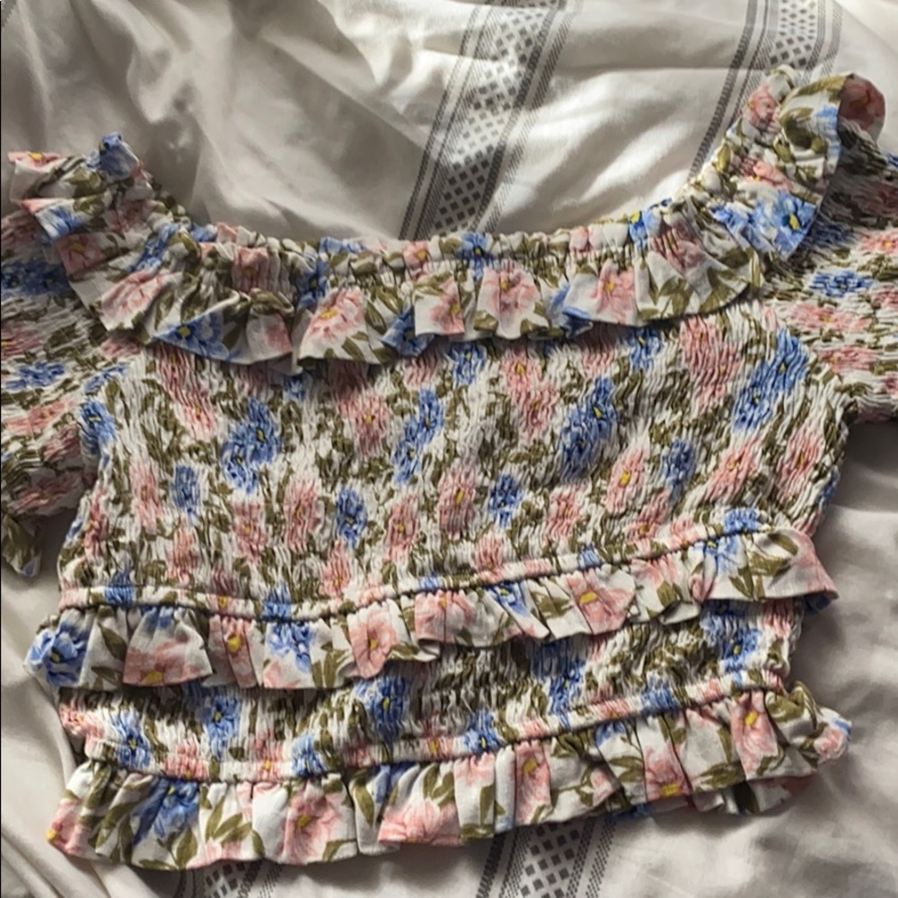 Pink&Blue Flower Off The Shoulder Crop Top